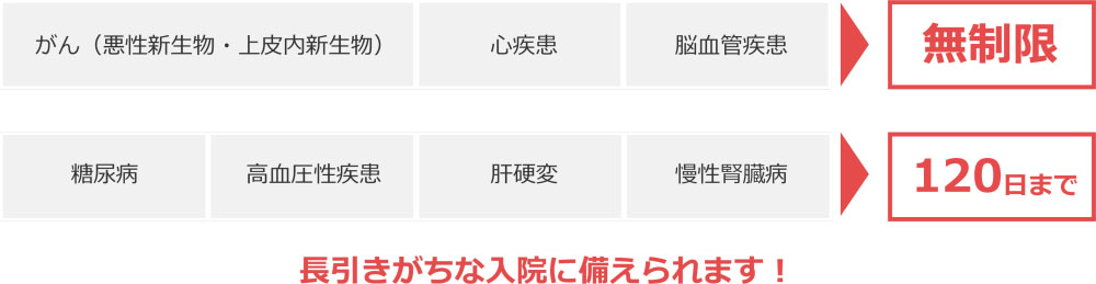 がん（悪性新生物・上皮内新生物）・心疾患・脳血管疾患による入院は支払日数無制限、糖尿病・高血圧性疾患・肝硬変・慢性腎臓病による入院は120日まで。長引きがちな入院に備えられます！